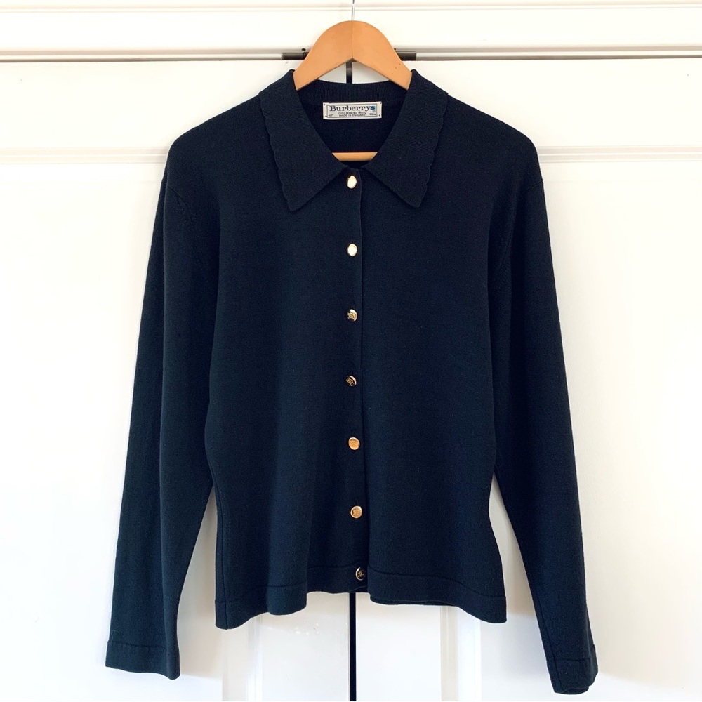 Burberry Vtg Cardigan Sweater Wool Logo Buttons Scalloped Collar 40” Size M ?